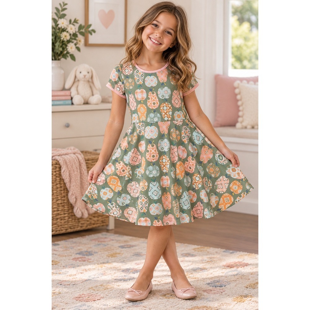Matilda Jane Girls Twirl Dress Size 8 NWT Green Apple Print Cotton Stretch